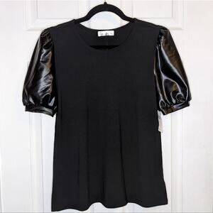 89th & Madison Black Faux Leather Sleeves Blouse Top S